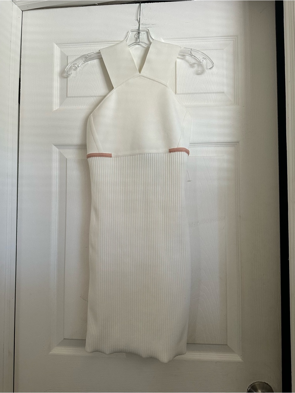 Herve Leger White Halter Midi Dress with Pink Waist Trim